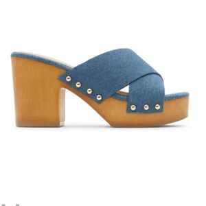 NIB CALL IT SPRING SPENCER Denim Cross Strap Block Heeled Sandals Sz. 7.5